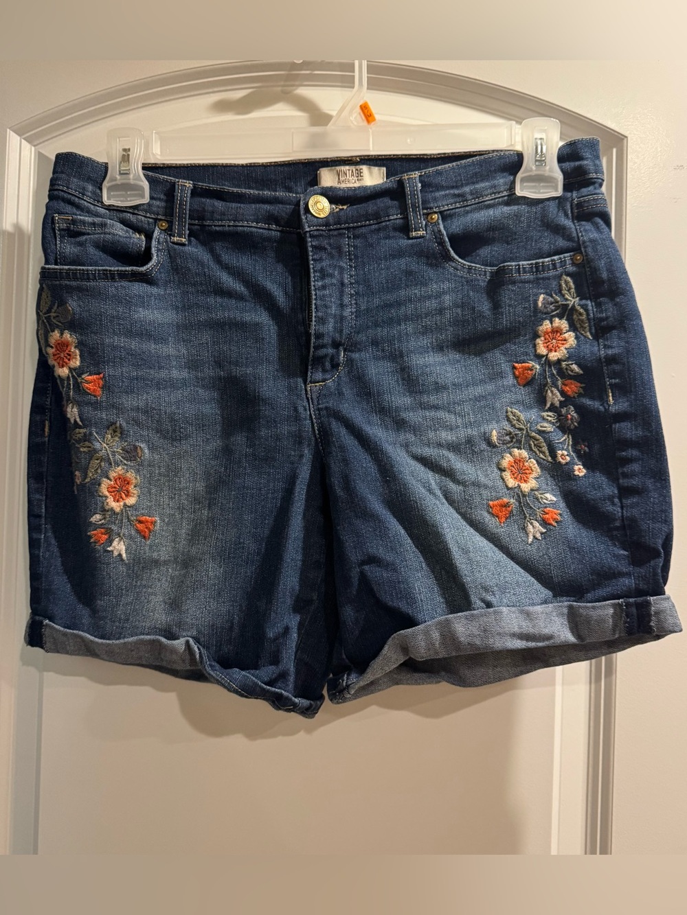 Vintage America Dark Blue Denim Shorts with Orange Floral Embroidery